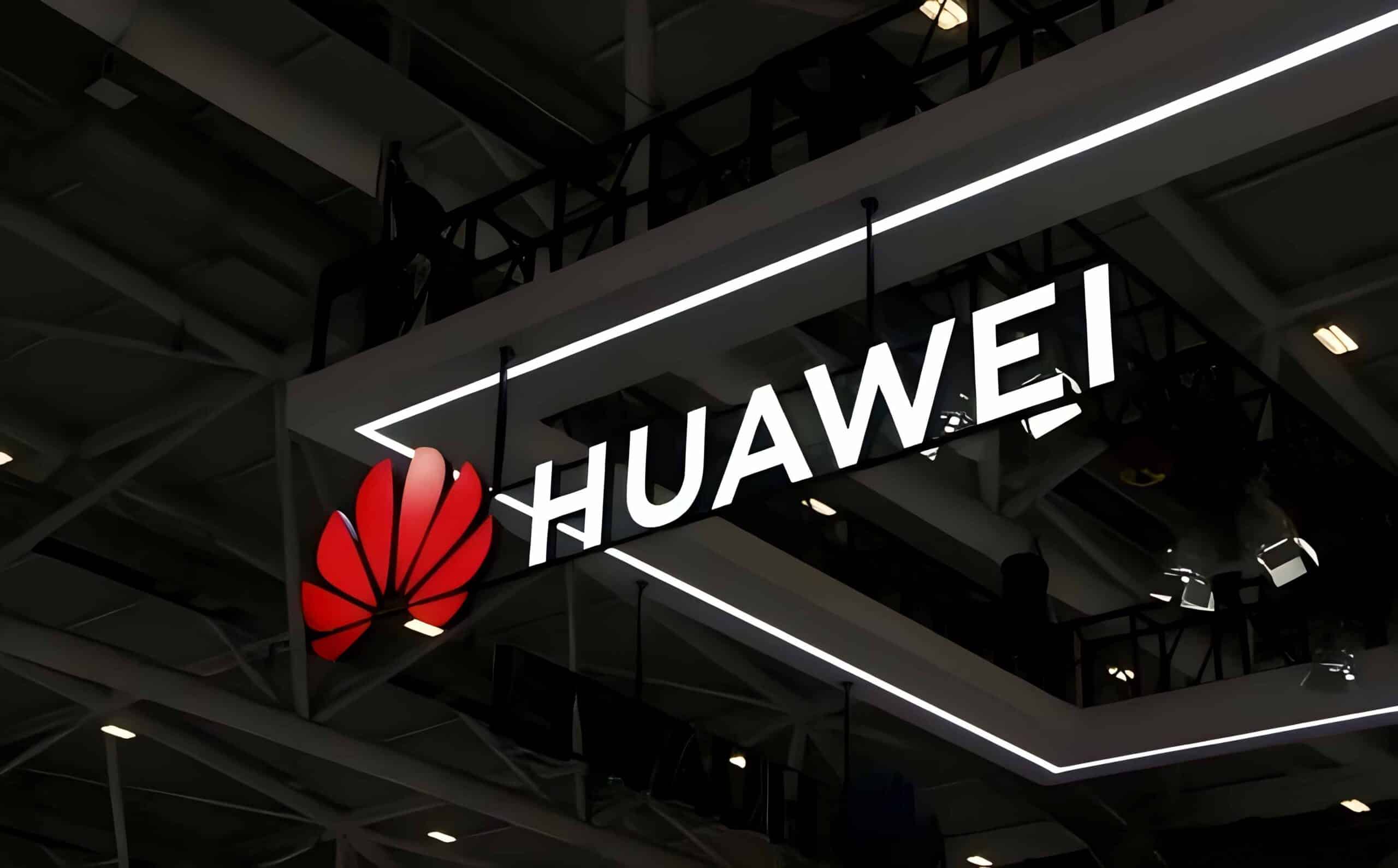 Huawei logo hanging in a manufacturing plant