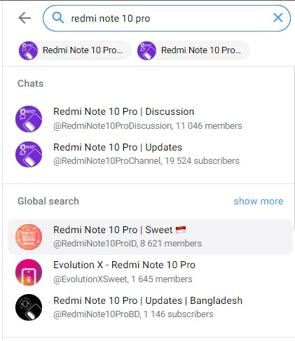 Telegram search result for keyword 'Redmi Note 10 Pro'